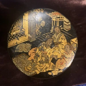 Antique JAPANESE Ebonized Geisha Box Round Hand Painted - Picture 1 of 8