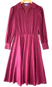 ModCloth Fit and Flare Midi Dress Womens 2 Maroon Stripe Long Sleeve Collar Work - Picture 1 of 19
