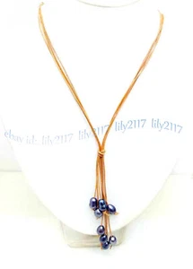 Brown Leather Rope 8-9mm Natural Black Freshwater Pearl Pendant Necklace 20'' - Picture 1 of 6