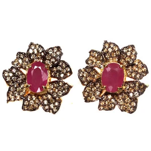 Gemstone 9 X 13 mm. Pink Ruby & Yellow Sapphire Earrings 925 Silver Sterling - Picture 1 of 5