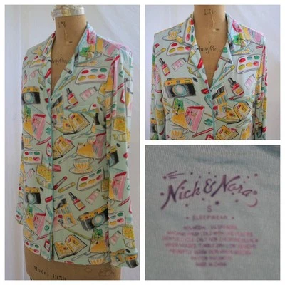 NICK & NORA Blue Artist Camera Travel Modal Pajama Lounge Top S EUC - Image 1 of 4