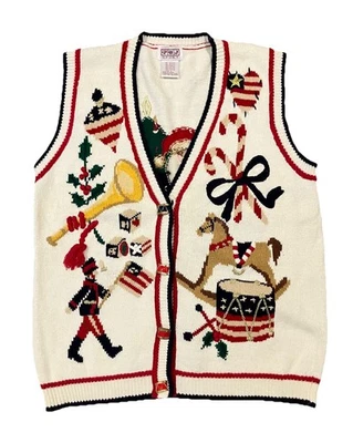 Chaleco Suéter Feo Navidad De Colección 2 Caras Santa Patriótico Folk L Botón Defecto Foto 1 de 4