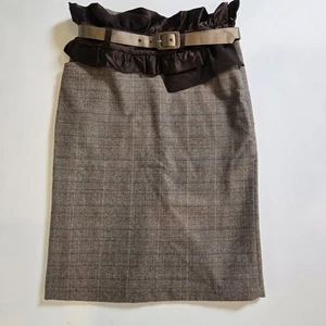 Choye Toi Skirt Womens Wool Silk Belt Plaid Brown Size 6 Knee Length High Waist - Picture 1 of 9