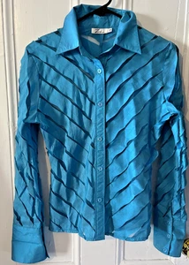Zba zee-ba Long Sleeve Sheer Lace Tulle Blouse Button Up Aqua Blue Size Small - Picture 1 of 9