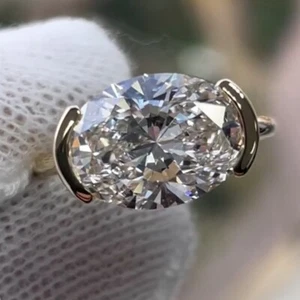 3.88 Ct Oval Moissanite Bezel East West Engagement Ring 14k White Gold Plated - Picture 1 of 8