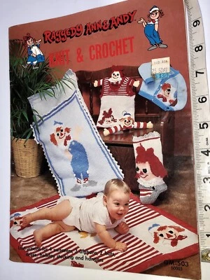 Raggedy Ann & Andy Crochet & Knitting Patterns Book Baby Afghans Sweaters Vin - Image 1 of 4