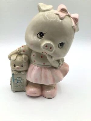 Lefton Piggy Bank Girl Piglet Pink Bow Vintage 03329 - Image 1 of 4