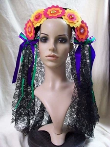 Colorful Day of Dead Headband w/ Lacey Black Veil Sugar Skull Dia De Los Muertos - Picture 1 of 12