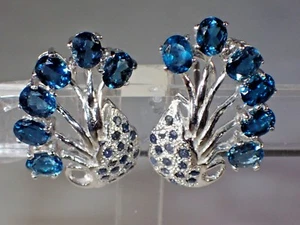 NATURAL  LONDON BLUE TOPAZ- SAPPHIRE 925 SILVER 14k GOLD PLATED EARRINGS #468 - Picture 1 of 2