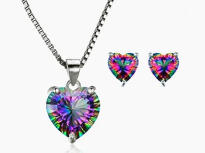 925 Sterling Silver Heart Rainbow Necklace Stud Earrings Womens Jewellery Gifts - Picture 1 of 7