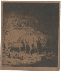 Gravure Charles Jacque, Ecurie Cheval, Barbizon, XIXe Etching 19th Incisione Ets - Picture 1 of 1