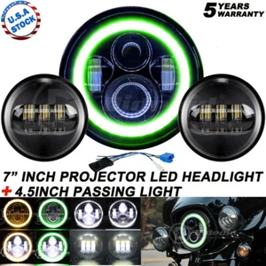 Green Halo 7" LED Headlight + 4.5" Fog Lamp For Harley Yamaha Honda Motorcycle - Picture 1 of 16