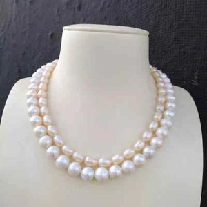 Double Strands AAA +South Sea White Pink Pearl Necklace 18" 14k Gold P - Picture 1 of 5