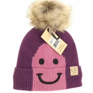 Kids Smiling Lined Fur Pom CC Beanie Warm Lining Purple Lavender NWT - Picture 1 of 8