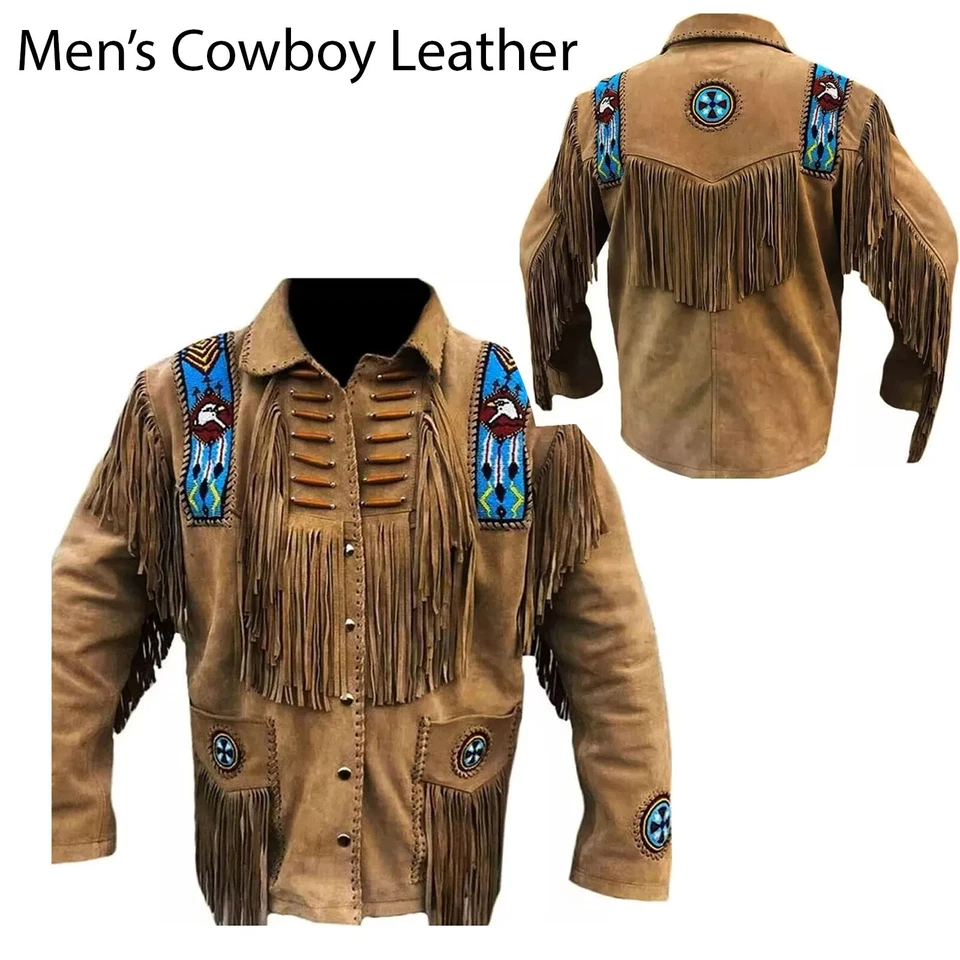Men's Cowboy Traditional Western Cowboy Suede Leather Coat Beads Frings - Brown - Image 1 of 1