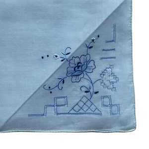 Handkerchief White 11x11.25” Hankie Embroidered Flowers Floral Blue Bouquet - Picture 1 of 4