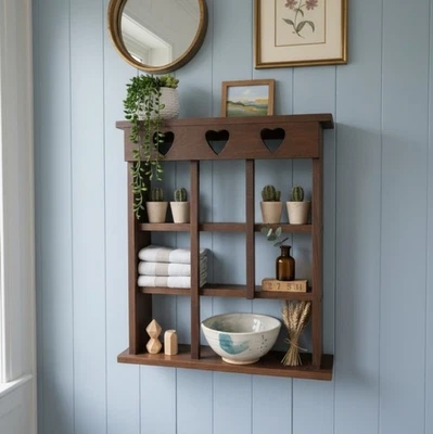 Antiguo estante de pared exhibición de madera | 2 niveles corazón recorte rústico decoración de campo Foto 1 de 4