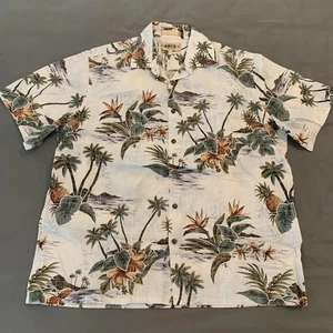 Camria Moda Shirt Mens Large White Hawaiian Floral Palm Tree Print Button Up - Picture 1 of 6