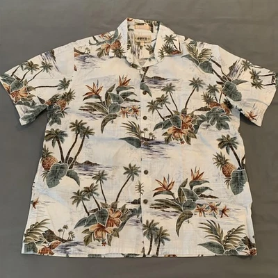 Camria Moda Shirt Mens Large White Hawaiian Floral Palm Tree Print Button Up - Image 1 of 4