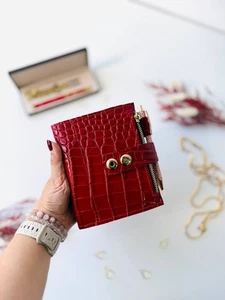 Red leather notebook cover A7 2 rings mini wallet. Dated 2026 planner gift. - Picture 1 of 15