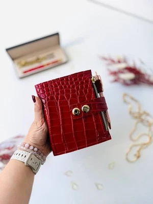 Red leather notebook cover A7 2 rings mini wallet. Dated 2026 planner gift. - Image 1 of 4