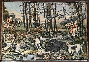 Vintage Belgischer Wildschwein Jagd Wandteppich Pferde Hunde Jäger 35x24,5 Wandbehang - Bild 1 von 7