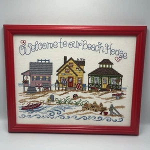 Welcome to our Beach House Cross Stitch - COMPLETED & FRAMED - Picture 1 of 4