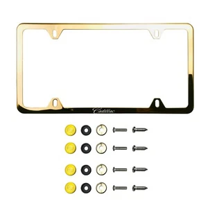 Fit Cadillac Laser Etching Stainless Steel Polish Gold Slim License Frame w/Cap - Picture 1 of 3