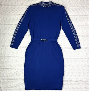 St. John by Marie grau Damen Größe 10 Strickkleid Gürtel royalblau Edelsteine Verzierung - Bild 1 von 24