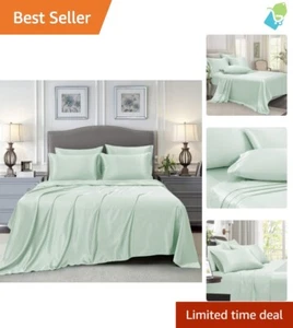 Luxury King Size Satin Sheet Set - 6-Piece Mint Green Bedding with Deep Pockets - Picture 1 of 9
