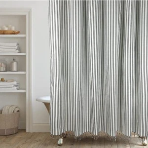 Transitional Stripe Shower Curtain with Tassels - Vertical Black and Cream Line - Picture 1 of 4