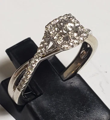 DAINTY 10K WHITE GOLD 1/4 CT TW DIAMOND HALO CROSSOVER ENGAGEMENT RING SIZE 6 - Image 1 of 4