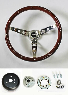 1976-1995 Jeep CJ YJ Wrangler Wood Steering Wheel w/ Rivets High Gloss Grip 15" - Image 1 of 4