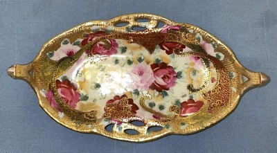 ANTIQUE Kutani Hand Painted Dish Porcelain FLORAL PINK GREEN GOLD c.1880-1890 Foto 1 de 4