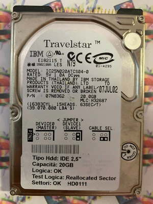 Hard Disk Usato IDE 2,5" 20GB IBM IC25N020ATCS04-0 07N8362 H32687 07JUL02 - Immagine 1 di 4