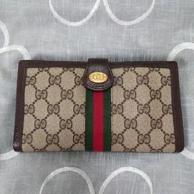 GUCCI Old Gucci Sherry Line GG Pattern Trifold Long Wallet Brown Used Repaired • 142.49€