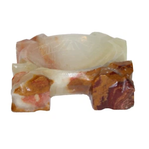 Carved Marbled Ashtray Beige Brown Natural Stone Tribal Bowl Mayan Aztec Etching - Picture 1 of 6