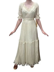 NOS M/L Vtg 70s Sz 13 GUNNE SAX Maxi Dress Dk Cream Crinkle Voile Wedding Party - Picture 1 of 22