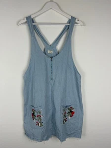 POL Romper Dress Large Woman L Boho Pockets Blue White Stripe Embroidered Floral - Picture 1 of 3