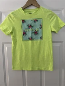 Hurley Youth ( 10-12 years)  Neon Green w/ Hawaiian Hibiscus Graphic T-Shirt - Picture 1 of 2