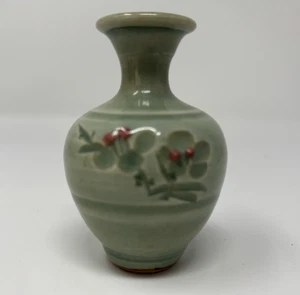 Celadon Mini Vase Crazed Glazed Green Tones Floral Ceramic 3" x 1 7/8" - Picture 1 of 9