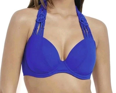 Top de bikini Freya Macrame talla 32I azul cobalto con aros estilo corbata halter AS4055 Foto 1 de 4