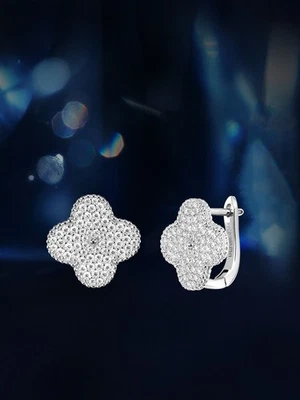 Moissanite Earrings Clover Real 925 Silver Iced Large Mens Ladies Clip Earring - Image 1 of 4