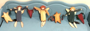 VTG 40.5” L FOLK ART Wooden Angles Garland Hearts Stars Fabric Primitive Painted - Picture 1 of 13