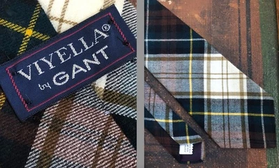 VTG VIYELLA BY GANT WOOL COTTON TARTAN BROWN TAN GREEN PLAID TIE NECKTIE 3" EUC - Image 1 of 4