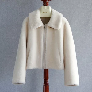 Womens 100% Wool Fur Short Jacket Stand Collar Puffer Zipper Warm Real Fur Coat - Picture 1 of 16