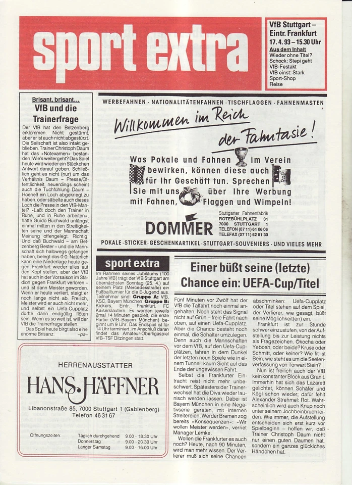 BL 92/93 VfB Stuttgart - Eintracht Frankfurt (Sport extra), 17.04.1993 - Bild 1 von 1