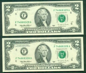 Billetes de la Reserva Federal de $2,00 - Atlanta, 1995, #1936F, 2 billetes consecutivos, UNC - Imagen 1 de 2