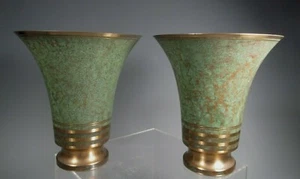 Pair Art Deco Period Bronze Carl Sorensen Philadelphia Trumpet Vases ca. 1920's - Picture 1 of 12