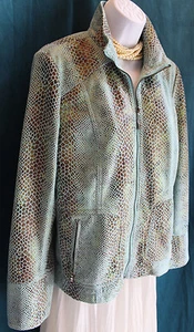 NWT DIALOGUE Aqua Animal Print Faux Suede Zip Up Jacket Sz S Zip Pockets & Cuffs - Picture 1 of 5